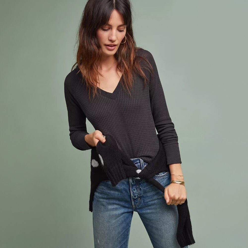Anthropologie Maeve Pearson Waffle Knit Thermal in Black - sz Small Petite